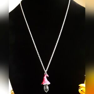 Hand Crafted  Crystal With Gnome Hat Necklace Pink